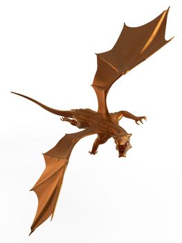 3D digital render of a soaring fantasy golden dragon isolated on white background