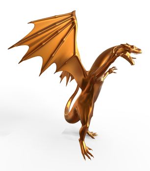 3D digital render of fantasy golden dragon isolated on white background