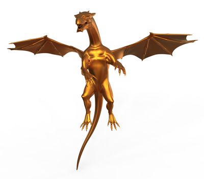 3D digital render of a soaring fantasy golden dragon isolated on white background