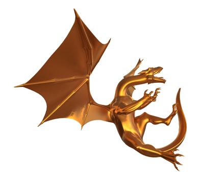 3D digital render of a soaring fantasy golden dragon isolated on white background