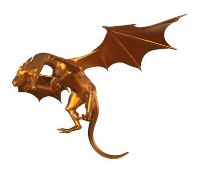 3D digital render of a soaring fantasy golden dragon isolated on white background