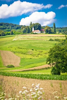 European landscape in Vojakovec village with historic church, Prigorje, Croatia