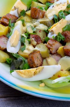 Delicious Potato and Sausage Salad with Gherkins, Lettuce, Boiled Eggs and Mustard Sauce closeup