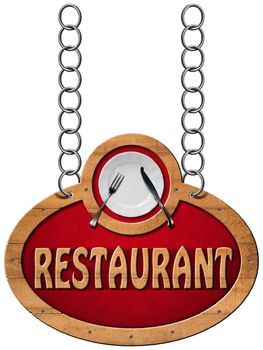 Wooden sign with frame, white plate with silver cutlery and text restaurant. Hanging from a metal chain and isolated on a white