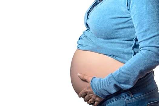 Pregnant woman of a boy with a blue jersey