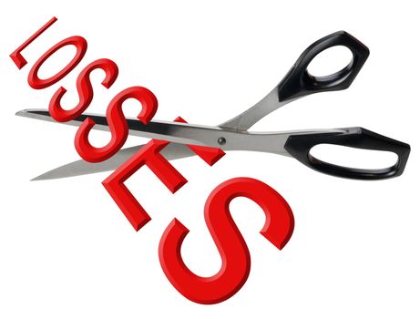 Scissors cutting through the 2d word losses, isolated with clipping path