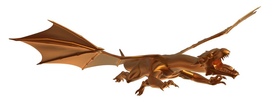 3D digital render of a soaring fantasy golden dragon isolated on white background