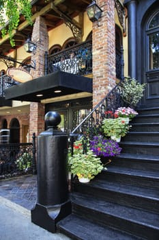 Beautiful facade of the house with flowers in New York