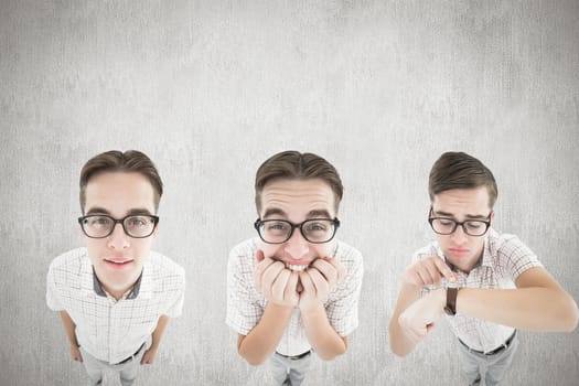 Nerd checking the time against white and grey background