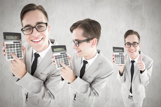 Nerd with calculator against white and grey background