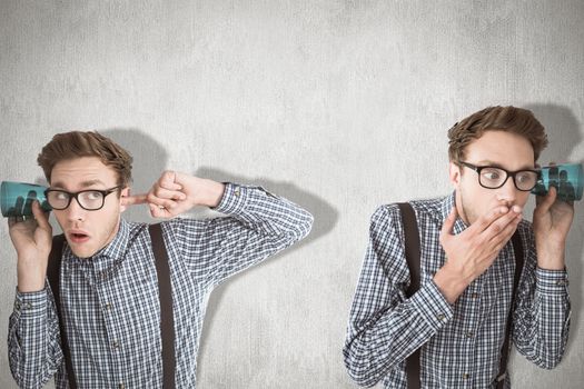 Nerd eavesdropping against white and grey background