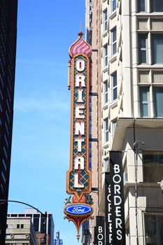 Famous marquee of Oriental Theater on State Street in Chicago.