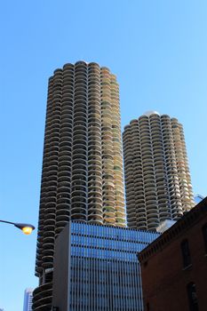 Famous Marina City towers and parking garage in Chicago.