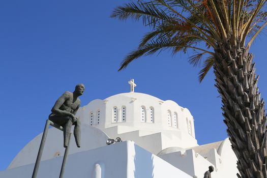 A white church in the capital Fira of Santorini, Greece
