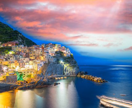 Manarola, Cinque Terre. Sunset over Five Lands, Italy.