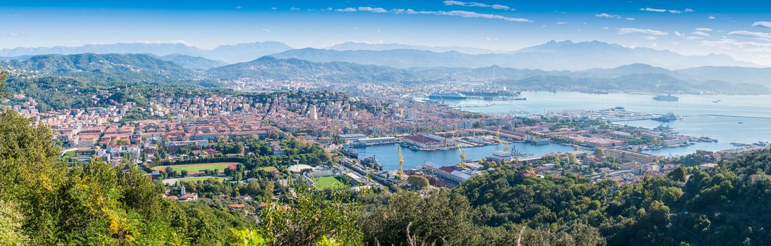 Panoramic view of La Spezia. Gulf and city port on a beautiful sunny day.