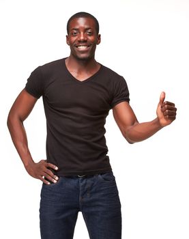 Closeup portrait of handsome young black african smiling man, giving a raised finger, isolated on white background. Positive human emotions 
