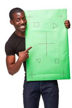 The smiling african man as black businessman with green panel, isolated on white background. Positive human emotions and advertising of something