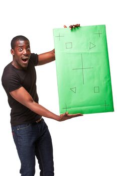 The surprised african man as black businessman with green panel, isolated on white background. Positive human emotions and advertising of something