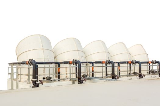 ventilation pipes of industrial building roof top on white background