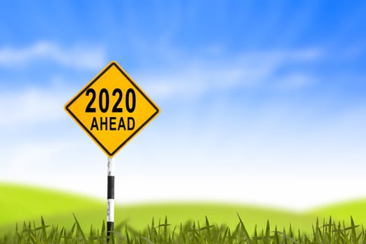 2020, Road sign in the grass field to new year and blue sky, can use as abstract background