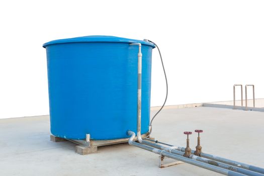 Blue water tank of industrial building on roof top on white background