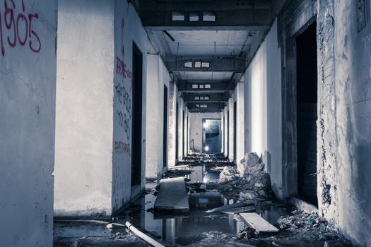 hallway walkway abandoned building can use horror movie scene background