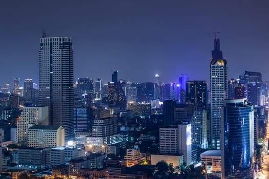 Business Building Bangkok city area at twilight scene, high angle bird eyes view