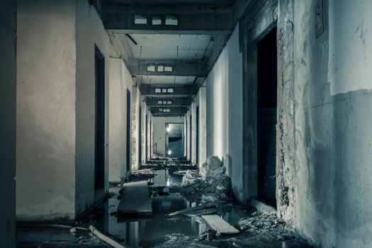 hallway walkway abandoned building can use horror movie scene background