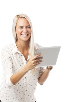 blonde woman with a tablet