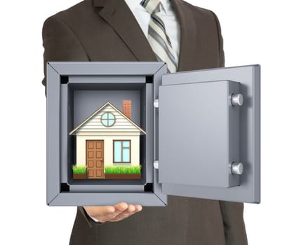 House in safe on mans hand on isolated white background