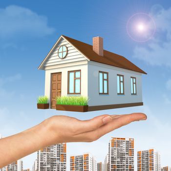 House above businesswomans hand with cityscape on blue sky background 