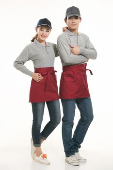 Wear all kinds of T-shirts waiter standing in white background