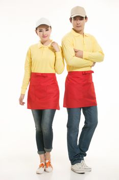 Wear all kinds of T-shirts waiter standing in white background