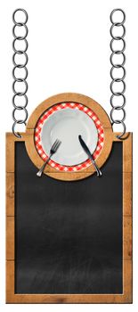 Empty blackboard with wooden frame and white plate with cutlery, hanging from a metal chain and isolated on white. Template for a food menu