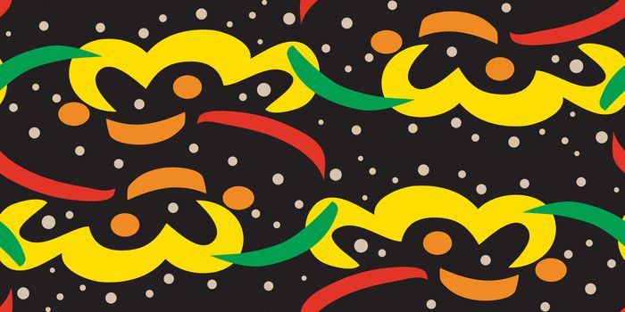 Repeating background pattern of colorful streamers over black