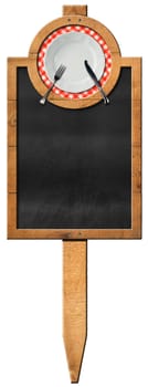 Empty blackboard with wooden frame and white plate with cutlery. Hanging on a wooden pole and isolated on white. Template for a food menu