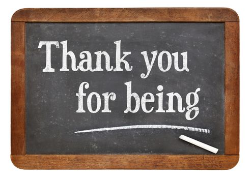 Thank you for being - Seneca greetings. Text on a vintage slate blackboard