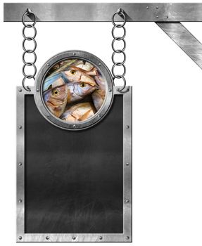 Empty blackboard with metallic frame and fresh fishes. Hanging from a chain on a metal pole and isolated on white background