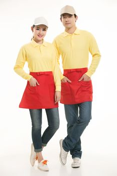 Wear all kinds of T-shirts waiter standing in white background