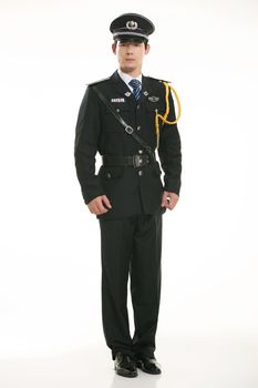 Create all kinds of work clothes policeman stands in front of a white background