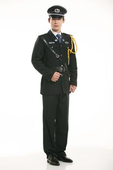 Create all kinds of work clothes policeman stands in front of a white background