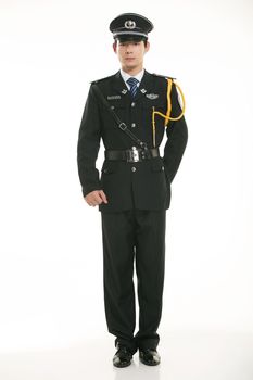 Create all kinds of work clothes policeman stands in front of a white background