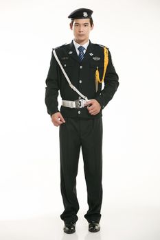 Create all kinds of work clothes policeman stands in front of a white background
