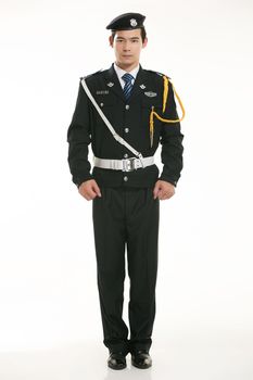 Create all kinds of work clothes policeman stands in front of a white background