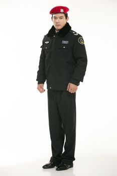 Create all kinds of work clothes policeman stands in front of a white background