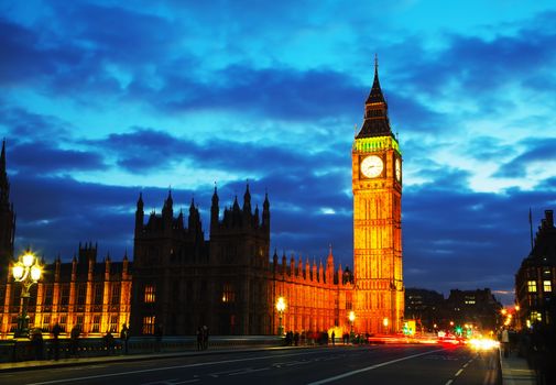 The Elizabeth Tower as seen from the Westminster bridge in the night