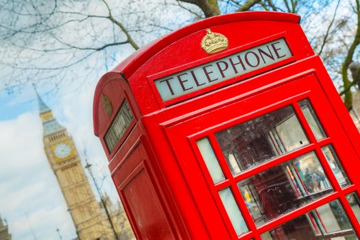 Famous red telephone booth in London, UK