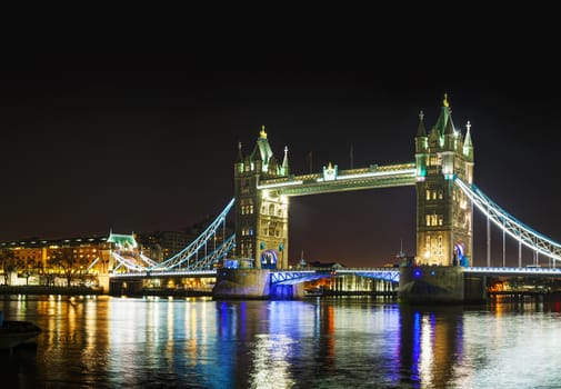 Tower bridge panoramic overview in London, United Kingdom at night