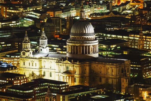Aerial overview of London city with the St Pauls Cathedral at night